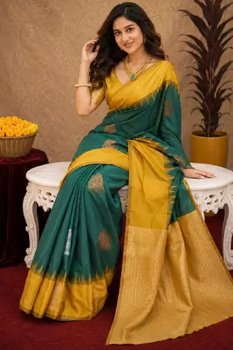 Yellow green art silk blend banarasi jacuard work saree with unstitched blouse piece