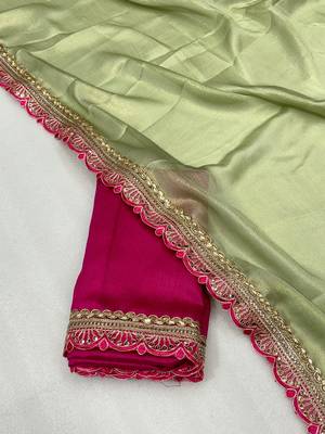 Pista multicolor sequece embroidery work moss chiffon saree with blouse 4