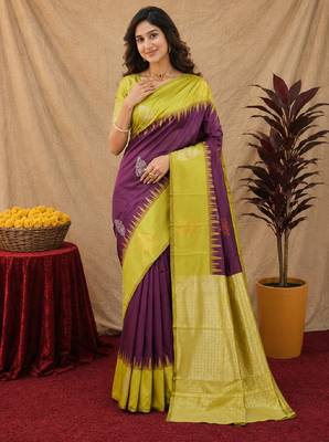 Yellow wine art silk blend banarasi jacuard work saree with unstitched blouse piece 1