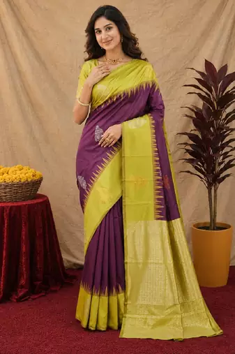 Yellow wine art silk blend banarasi jacuard work saree with unstitched blouse piece