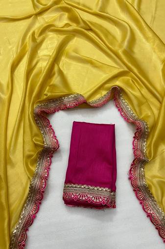 Yellow multicolor sequece embroidery work moss chiffon saree with blouse