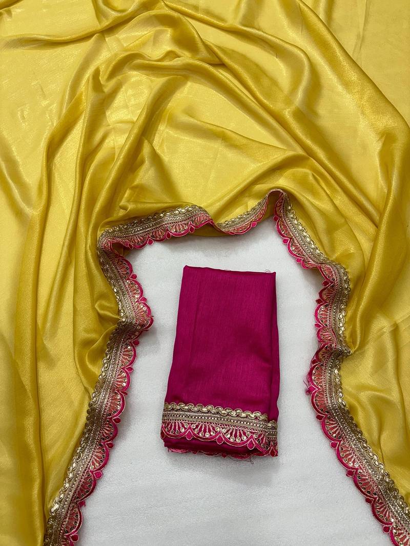 Yellow multicolor sequece embroidery work moss chiffon saree with blouse