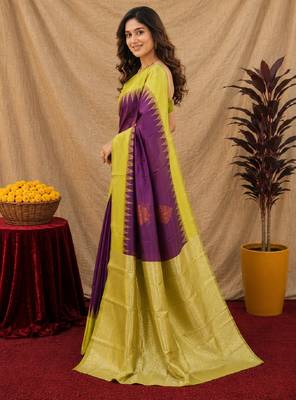Yellow wine art silk blend banarasi jacuard work saree with unstitched blouse piece 2
