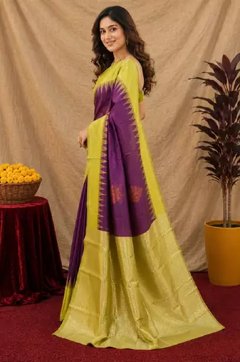 Yellow wine art silk blend banarasi jacuard work saree with unstitched blouse piece