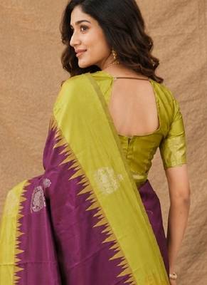 Yellow wine art silk blend banarasi jacuard work saree with unstitched blouse piece 3