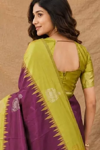 Yellow wine art silk blend banarasi jacuard work saree with unstitched blouse piece