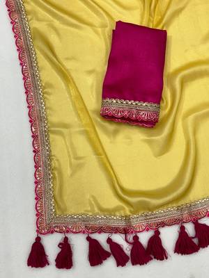 Yellow multicolor sequece embroidery work moss chiffon saree with blouse 3