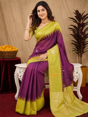 Yellow wine art silk blend banarasi jacuard work saree with unstitched blouse piece 4