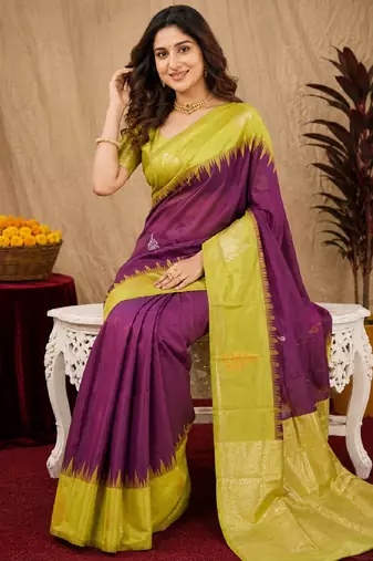 Yellow wine art silk blend banarasi jacuard work saree with unstitched blouse piece