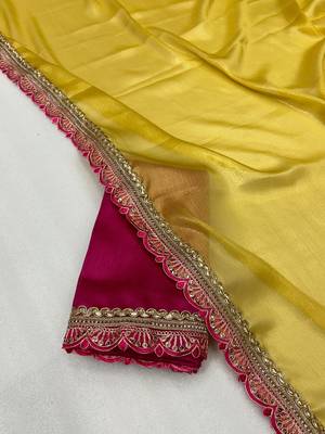 Yellow multicolor sequece embroidery work moss chiffon saree with blouse 4