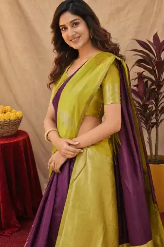 Yellow wine art silk blend banarasi jacuard work saree with unstitched blouse piece