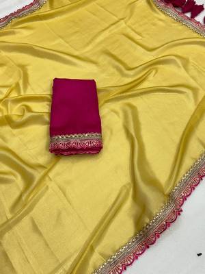Yellow multicolor sequece embroidery work moss chiffon saree with blouse 5