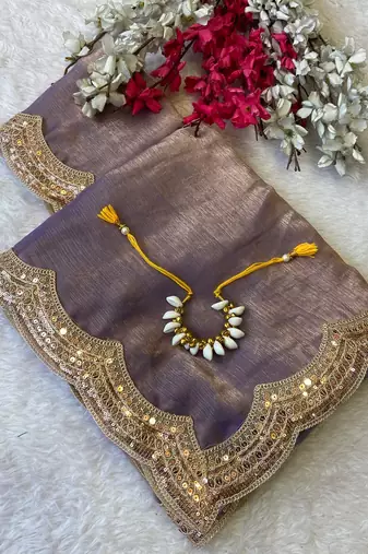 Blue multicolor sequece embroidery work fendy chiffon saree with blouse