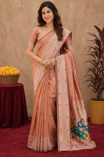 Beige art silk blend banarasi jacuard work pethani saree with unstitched blouse piece