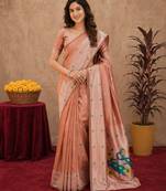 Beige art silk blend banarasi jacuard work pethani saree with unstitched blouse piece