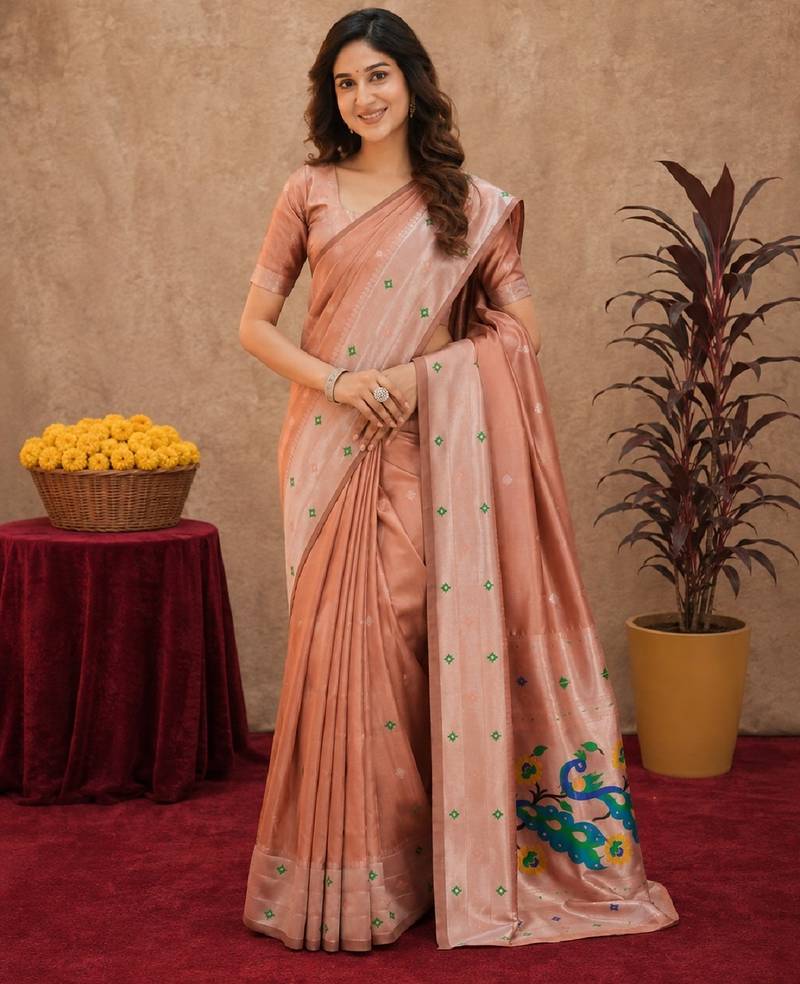Beige art silk blend banarasi jacuard work pethani saree with unstitched blouse piece