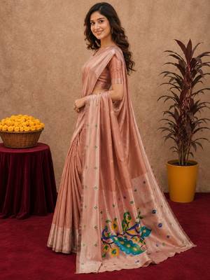 Beige art silk blend banarasi jacuard work pethani saree with unstitched blouse piece 2