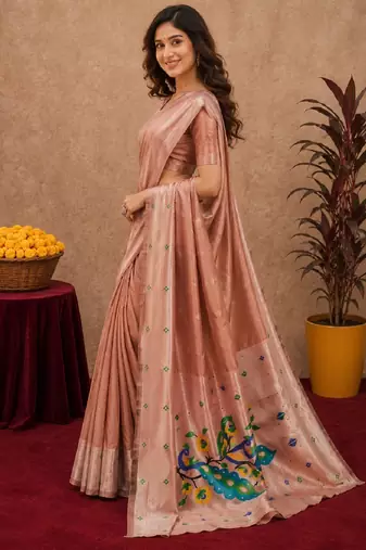 Beige art silk blend banarasi jacuard work pethani saree with unstitched blouse piece