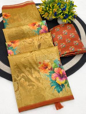 Yellow digital print zarna silk blend saree with blouse 1