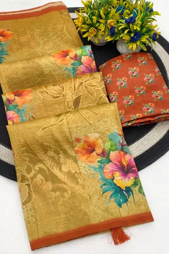 Yellow digital print zarna silk blend saree with blouse
