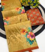 Yellow digital print zarna silk blend saree with blouse