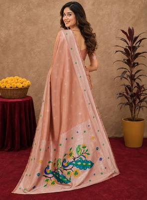 Beige art silk blend banarasi jacuard work pethani saree with unstitched blouse piece 3