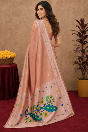 Beige art silk blend banarasi jacuard work pethani saree with unstitched blouse piece