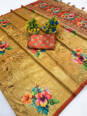 Yellow digital print zarna silk blend saree with blouse 2