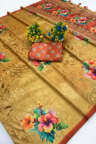 Yellow digital print zarna silk blend saree with blouse