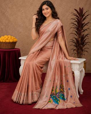 Beige art silk blend banarasi jacuard work pethani saree with unstitched blouse piece 4
