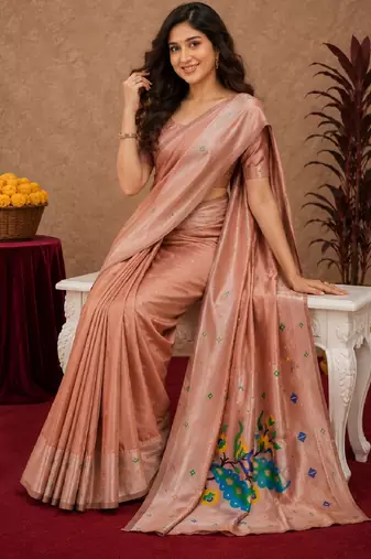 Beige art silk blend banarasi jacuard work pethani saree with unstitched blouse piece