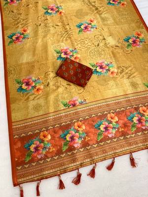 Yellow digital print zarna silk blend saree with blouse 3