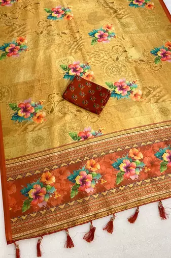 Yellow digital print zarna silk blend saree with blouse