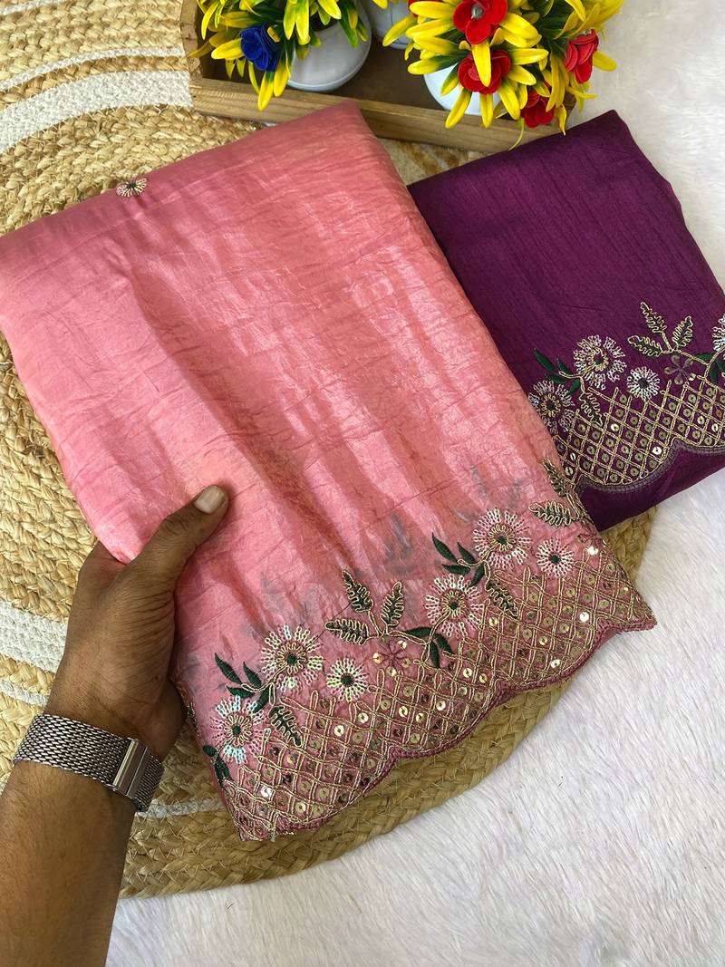 Gajari coding embroidery work gold crush saree with blouse