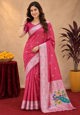Gajri art silk blend banarasi jacuard work pethani saree with unstitched blouse piece 1