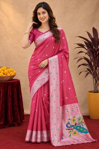 Gajri art silk blend banarasi jacuard work pethani saree with unstitched blouse piece