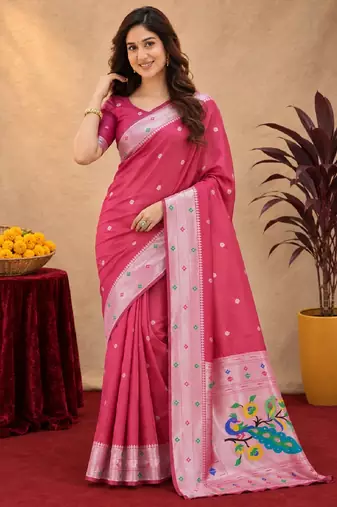 Gajri art silk blend banarasi jacuard work pethani saree with unstitched blouse piece