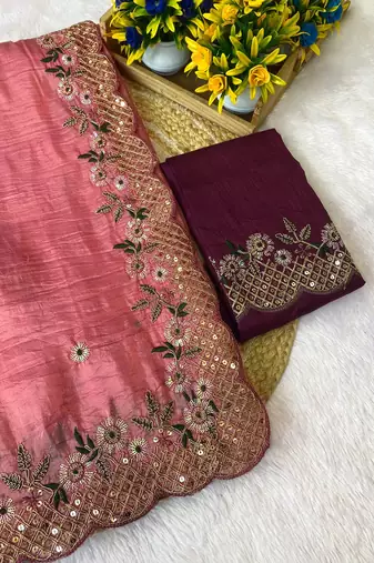 Gajari coding embroidery work gold crush saree with blouse