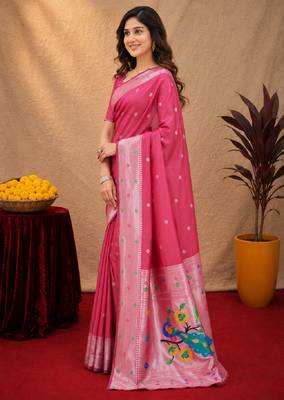 Gajri art silk blend banarasi jacuard work pethani saree with unstitched blouse piece 2