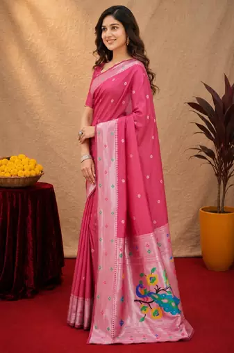 Gajri art silk blend banarasi jacuard work pethani saree with unstitched blouse piece