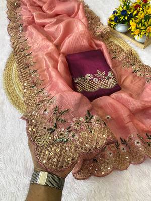 Gajari coding embroidery work gold crush saree with blouse 3