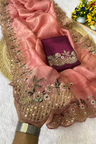 Gajari coding embroidery work gold crush saree with blouse