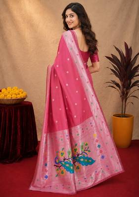 Gajri art silk blend banarasi jacuard work pethani saree with unstitched blouse piece 3