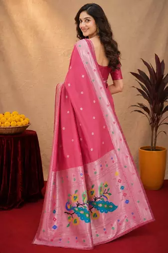 Gajri art silk blend banarasi jacuard work pethani saree with unstitched blouse piece