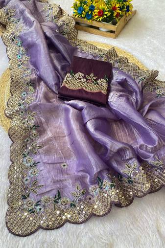 Levender coding embroidery work gold crush saree with blouse