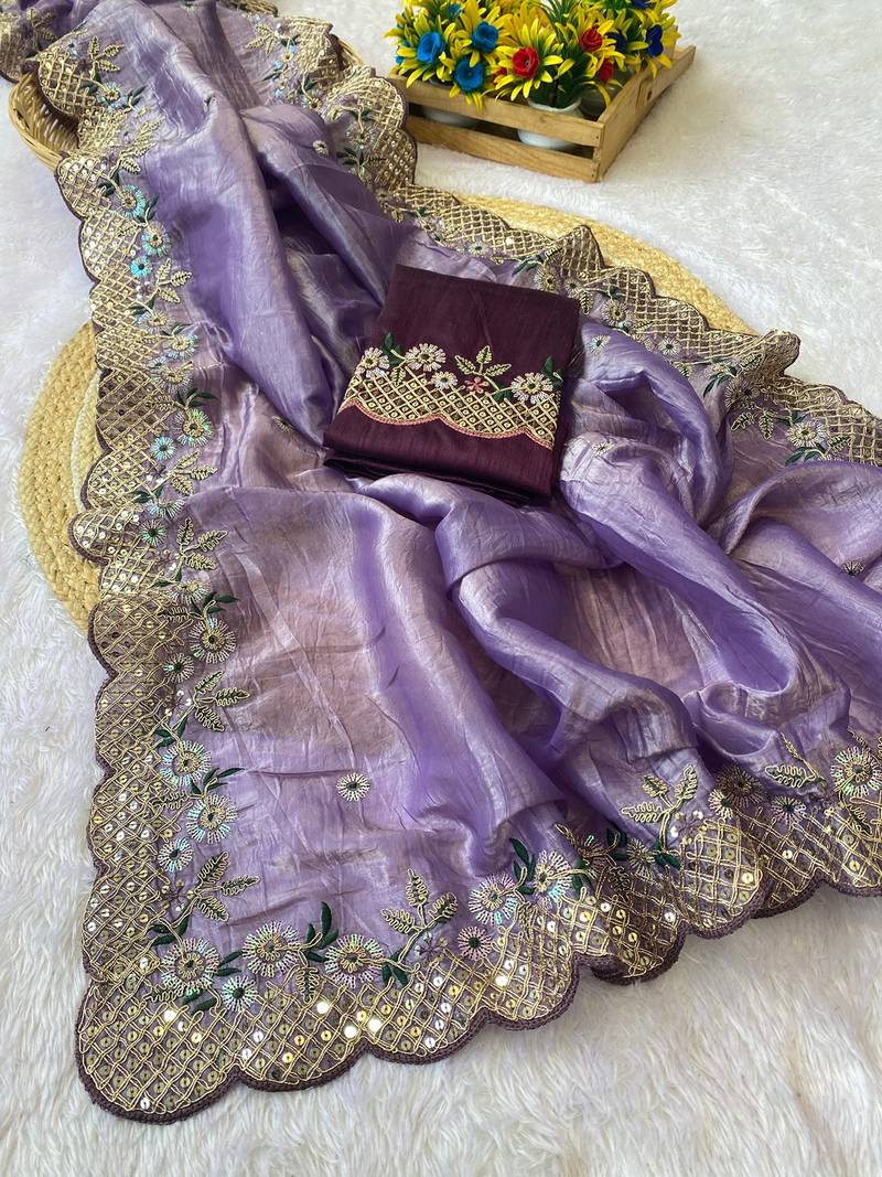 Levender coding embroidery work gold crush saree with blouse