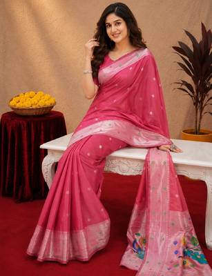Gajri art silk blend banarasi jacuard work pethani saree with unstitched blouse piece 4