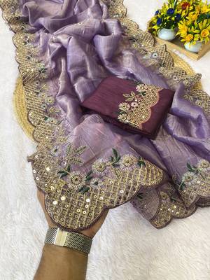 Levender coding embroidery work gold crush saree with blouse 2