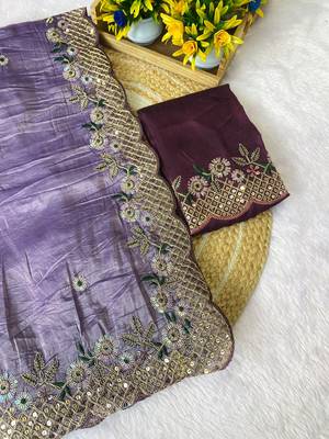 Levender coding embroidery work gold crush saree with blouse 3