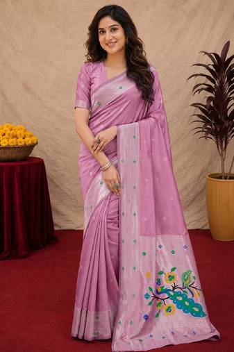 Light pink art silk blend banarasi jacuard work pethani saree with unstitched blouse piece